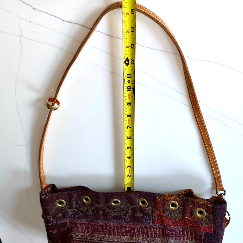Tapestry Bucket Crossbody Bag Multi Color w Leather Base & Adjustable Strap - Picture 11 of 12